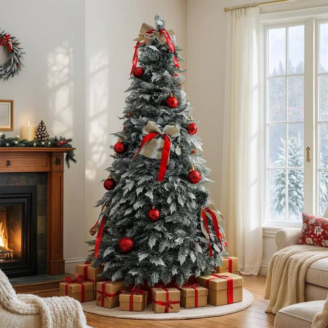 Home Republic Snow Frosted Artificial Christmas Tree with Warm LED Lights in Green - Size: 120 cm x 15 cm