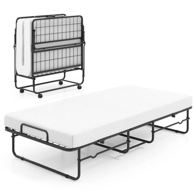 Costway Folding Bed w/ Mattress Single Size Rollaway Guest Bed w/Memory Foam in White - image 1