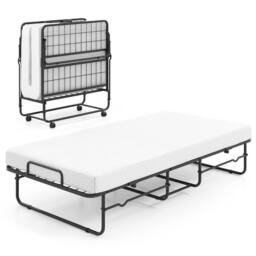 Costway Folding Bed w/ Mattress Single Size Rollaway Guest Bed w/Memory Foam in White
