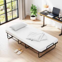 Costway Folding Bed w/ Mattress Single Size Rollaway Guest Bed w/Memory Foam in White - thumbnail 4