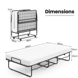 Costway Folding Bed w/ Mattress Single Size Rollaway Guest Bed w/Memory Foam in White - thumbnail 2