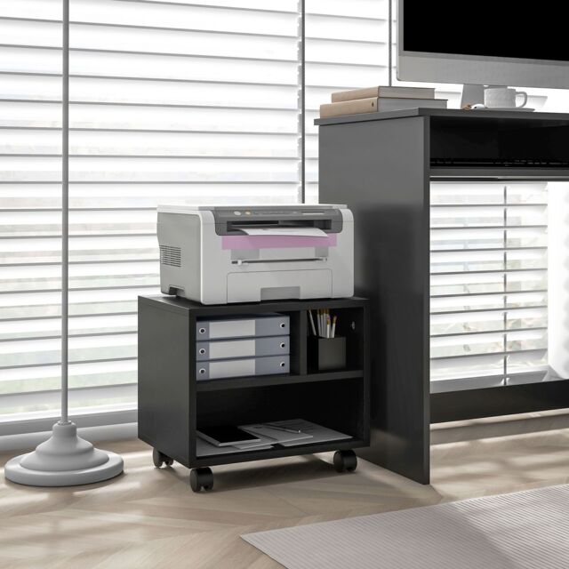 HOMCOM 2-Tier Printer Stand with Storage, Under Desk Printer Cart on Wheels with 3 Compartments, Desktop Printer Table for Home Office in Black - image 1