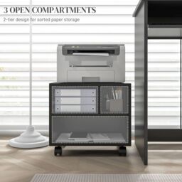 HOMCOM 2-Tier Printer Stand with Storage, Under Desk Printer Cart on Wheels with 3 Compartments, Desktop Printer Table for Home Office in Black - thumbnail 4