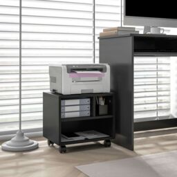 HOMCOM 2-Tier Printer Stand with Storage, Under Desk Printer Cart on Wheels with 3 Compartments, Desktop Printer Table for Home Office in Black - thumbnail 1