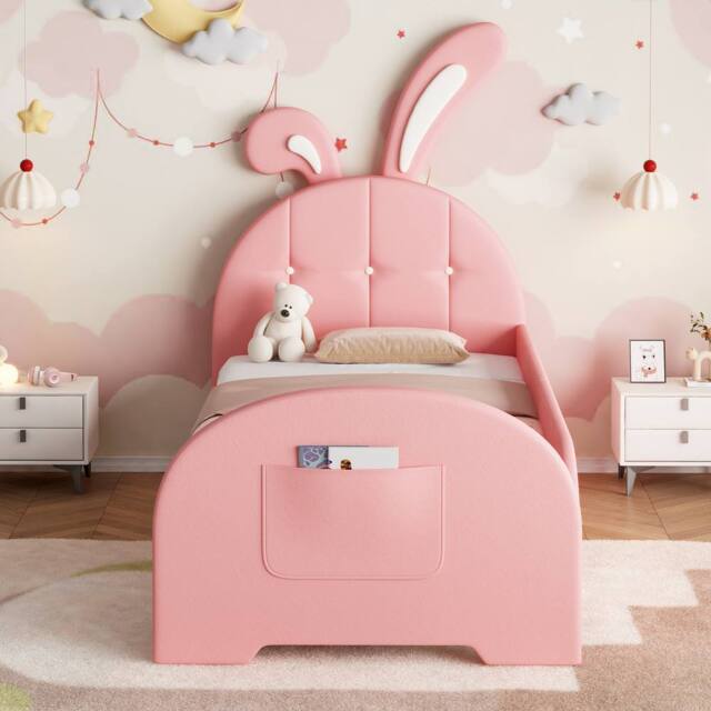 Merax 3ft Single PU Leather Bunny Upholstered Bed Frame for Children in Pink - image 1