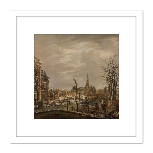 Artery8 Hansen The Rapenburg Leiden Cityscape Painting 8X8 Inch Square Wooden Framed Wall Art Print Picture with Mount in White - image 1