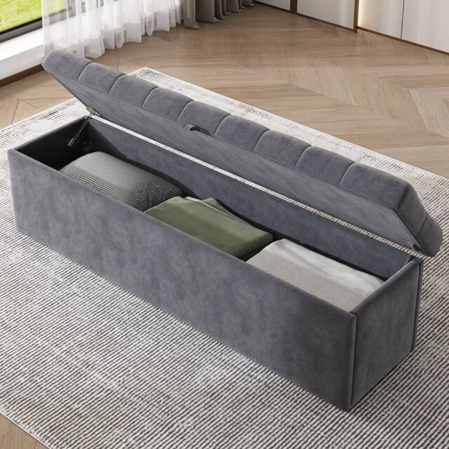 BTM Velvet Storage Bench Bed Stool Grey - image 1
