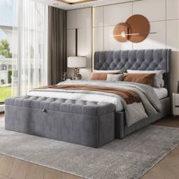 BTM Velvet Storage Bench Bed Stool Grey - thumbnail 2