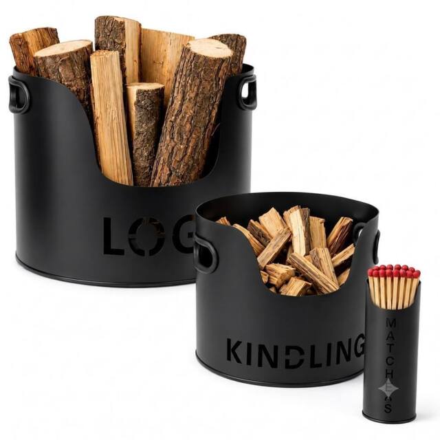Almineez 3PC Fireside Kindling Storage Bucket Set Metal Log Matchstick Holder in Black - image 1