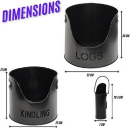 Almineez 3PC Fireside Kindling Storage Bucket Set Metal Log Matchstick Holder in Black - thumbnail 3