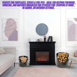 Almineez 3PC Fireside Kindling Storage Bucket Set Metal Log Matchstick Holder in Black - thumbnail 6