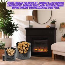 Almineez 3PC Fireside Kindling Storage Bucket Set Metal Log Matchstick Holder in Black - thumbnail 5