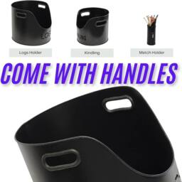 Almineez 3PC Fireside Kindling Storage Bucket Set Metal Log Matchstick Holder in Black - thumbnail 4