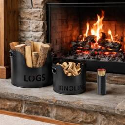 Almineez 3PC Fireside Kindling Storage Bucket Set Metal Log Matchstick Holder in Black - thumbnail 2