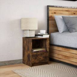 Berkfield Home Bedside Cabinet with LED Lights Smoked Oak Engineered Wood in Brown - thumbnail 4