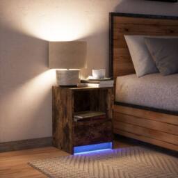 Berkfield Home Bedside Cabinet with LED Lights Smoked Oak Engineered Wood in Brown - thumbnail 5