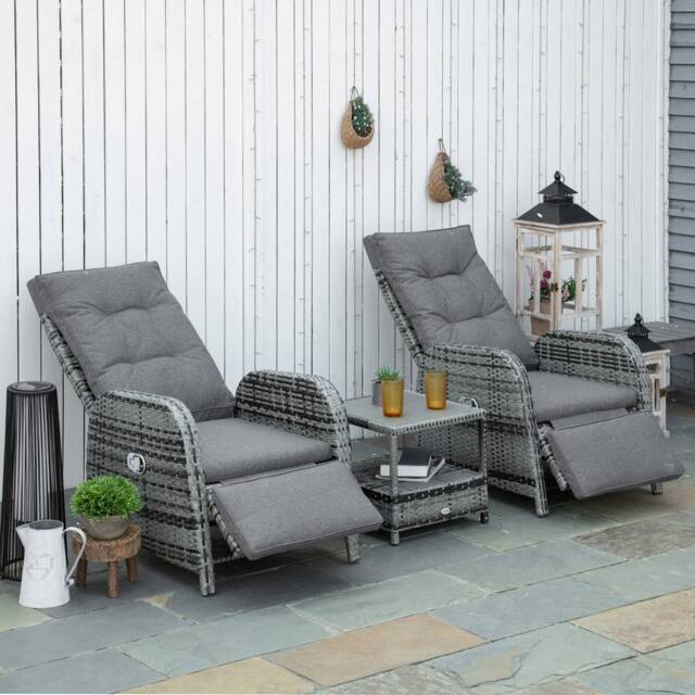 OUTSUNNY 3 PCs Rattan Chaise Lounge Sofa Set w/ Cushion for Patio Yard Porch in Grey - image 1
