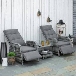 OUTSUNNY 3 PCs Rattan Chaise Lounge Sofa Set w/ Cushion for Patio Yard Porch in Grey - thumbnail 1