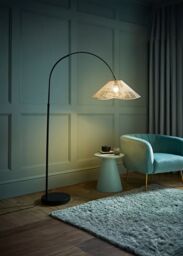 ValueLights Louis Black Arched Curved Floor Lamp with Natural Wicker Tapered Lamp Shade - thumbnail 1