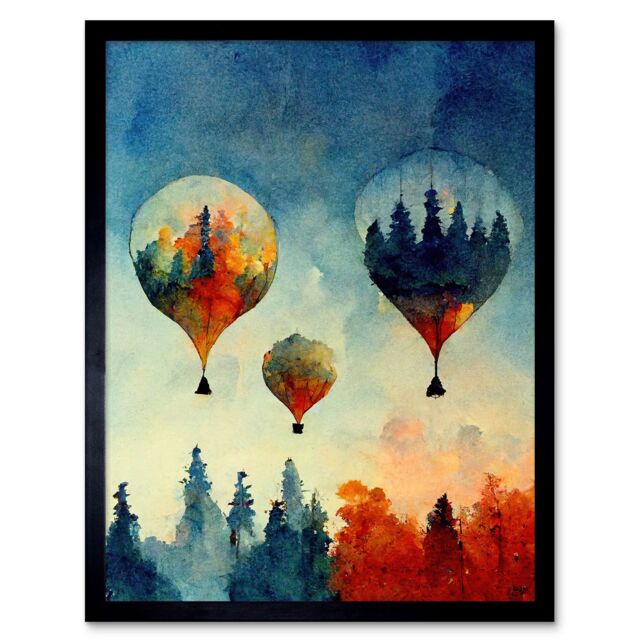 "Artery8 Wall Art Print Forest Reflections On Hot Air Balloons Watercolour Art Framed in Black - Size: W12"" x H16""" - image 1