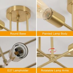 Pheashine Vintage Ceiling Light Ø 60 Cm Six Bulb Industrial Design in Gold - thumbnail 4