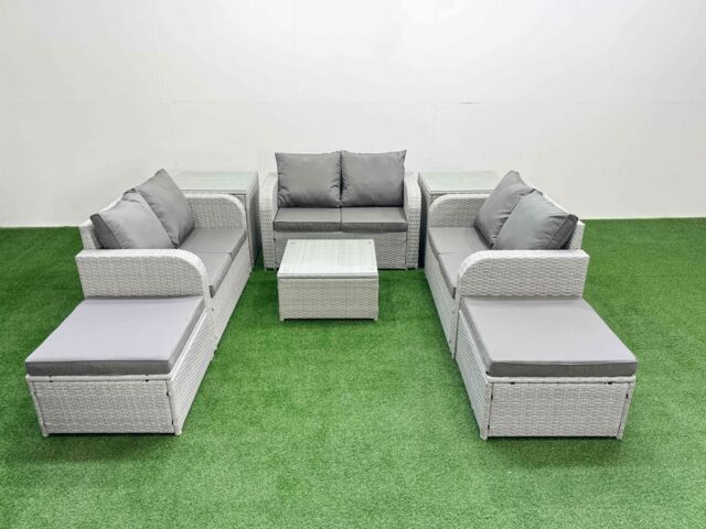 Fimous 8 Seater PE Wicker Rattan Furniture Sofa Sets with Square Coffee Table 2 Seater Love Sofa 2 Big Footstool 2 Side Table Light Grey - image 1