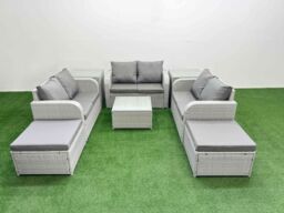 Fimous 8 Seater PE Wicker Rattan Furniture Sofa Sets with Square Coffee Table 2 Seater Love Sofa 2 Big Footstool 2 Side Table Light Grey - thumbnail 1