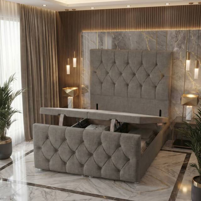 "Somnior Ziggy Storage Ottoman Divan Base 54"" Headboard & 22"" Footboard Linen in Silver - Size: Double" - image 1