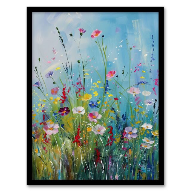 Artery8 Delicate Wildflower Meadow Floral Painting Framed Art Print in Blue - Size: A4 - image 1