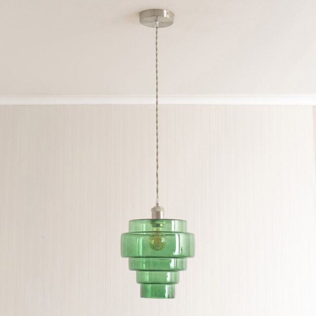 ValueLights Lane Glass 5 Tier Shade Brushed Chrome Ceiling Pendant Light & Bulb in Bright Green - image 1
