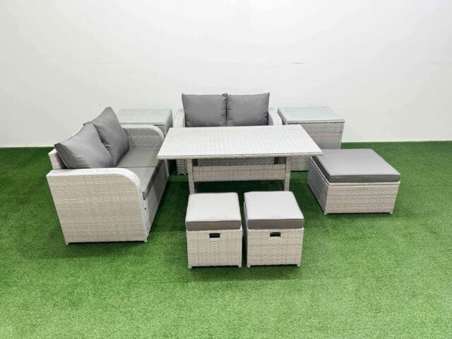 Fimous 7 Seater Outdoor Love Sofa Set Rattan Garden Furniture Set with Rectangular Dining Table 3 Footstool 2 Side Tables Light Grey - image 1