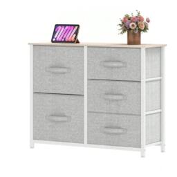 VOGREX Grey Steel Frame 5 Fabric Drawer Storage Chest with Wood Top