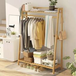 KORVIXA Bamboo Garment Rack Large Clothes Rail Rack in Beige - Size: 900mm - thumbnail 4