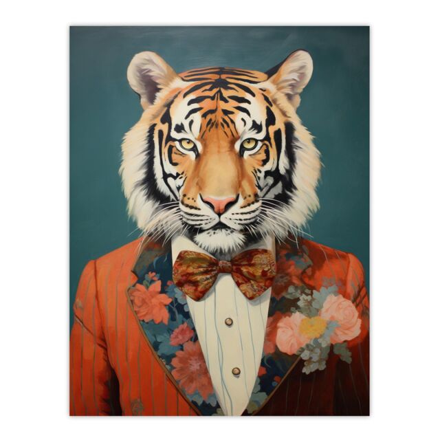 "Wee Blue Coo Wall Art Print Tiger in a Tuxedo Fun Animal Portrait Living Room in Blue - Size: W18"" x H24""" - image 1
