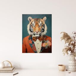 "Wee Blue Coo Wall Art Print Tiger in a Tuxedo Fun Animal Portrait Living Room in Blue - Size: W18"" x H24""" - thumbnail 4