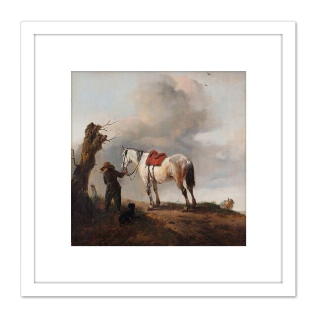 Artery8 Wouwerman The Gray Horse Painting 8X8 Inch Square Wooden Framed Wall Art Print Picture with Mount in White - image 1