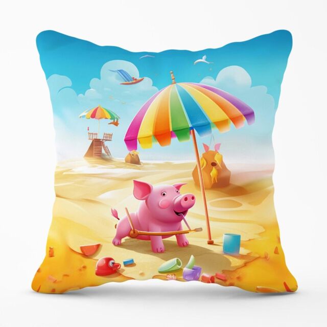 Warren Reed - Designer Pig On A Beach Holiday Outdoor Cushion in Yellow - Size: 45 cm x 45 cm - image 1
