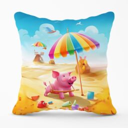 Warren Reed - Designer Pig On A Beach Holiday Outdoor Cushion in Yellow - Size: 45 cm x 45 cm - thumbnail 1