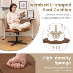 Gymax Upholstered Office Chair Swivel Vanity Chair With Adjustable Height in Brown - thumbnail 4