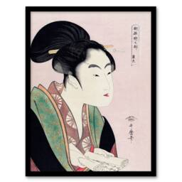 Artery8 Utamaro Kitagawa Framed Wall Art Print Woman Reading Scroll Portrait in Pink - Size: A4 - thumbnail 1