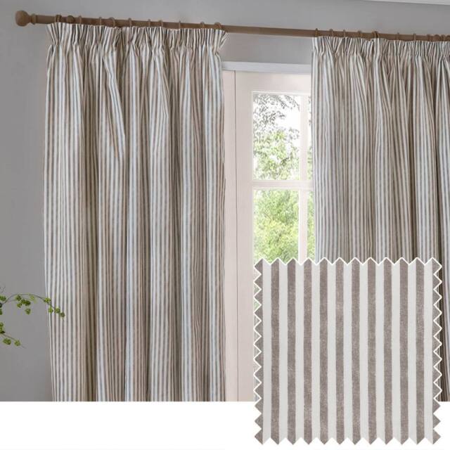 Yard Hebden Striped 100% Cotton Lined Pencil Pleat Curtain Pair in Brown - Size: 117 cm width x 183 cm drop - image 1