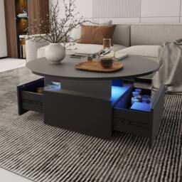 KEEPREAPER Round LED Coffee Table with Storage & 2 Sliding Drawers Acrylic in Black - thumbnail 1