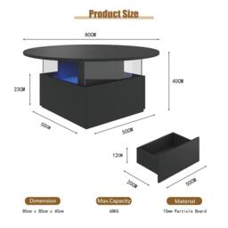 KEEPREAPER Round LED Coffee Table with Storage & 2 Sliding Drawers Acrylic in Black - thumbnail 4
