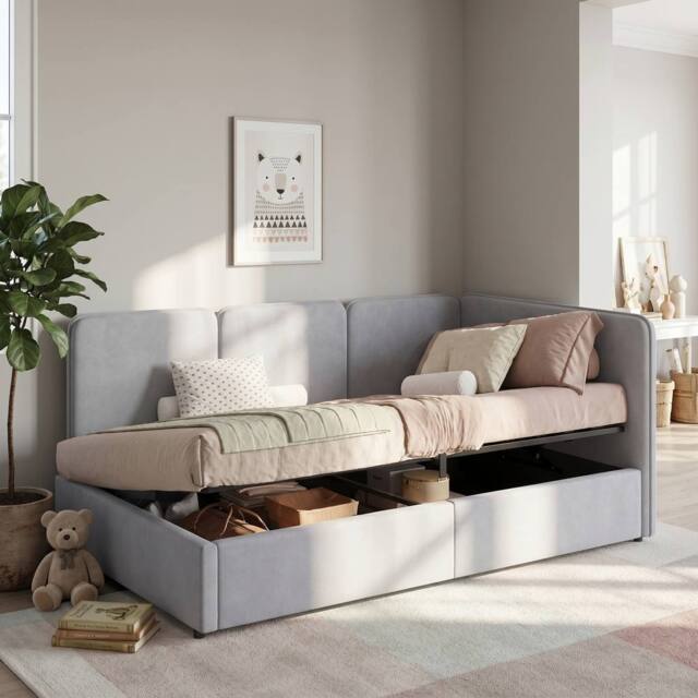 BTM 3FT Ottoman Daybed Storage Velvet Chaise Lift Bed Frame Grey - Size: Single - image 1
