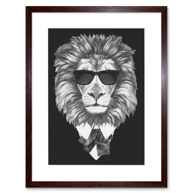 "Artery8 Wall Art Print Bow Tie Lion with Sunglasses Art Framed 9x7 inch in Brown - Size: W7"" x H9""" - image 1