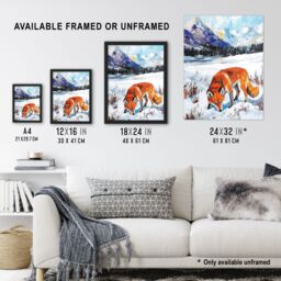 Artery8 Red Fox in Snowy Mountain Winter Landscape Framed Art Print in Orange - Size: A4 - thumbnail 3