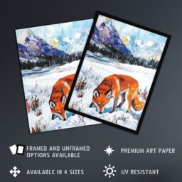 Artery8 Red Fox in Snowy Mountain Winter Landscape Framed Art Print in Orange - Size: A4 - thumbnail 2