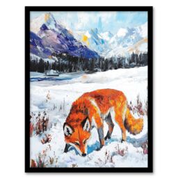 Artery8 Red Fox in Snowy Mountain Winter Landscape Framed Art Print in Orange - Size: A4 - thumbnail 1