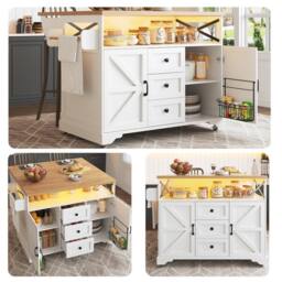 Rolipo Mobile Kitchen Island Serving Cart with Drop-Leaf Table & Smart LED in White - thumbnail 2