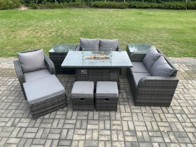 Fimous Outdoor Sofa Rattan Garden Furniture Set Patio Gas Fire Pit Dining Table & Reclining Chair set with 2 Side Tables 3 Footstools in Dark Grey - image 1